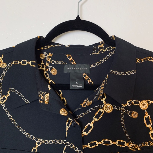 Investments Chain Print Blouse Womens Large Black Roll Tab Long Sleeve Old Money - Picture 2 of 12